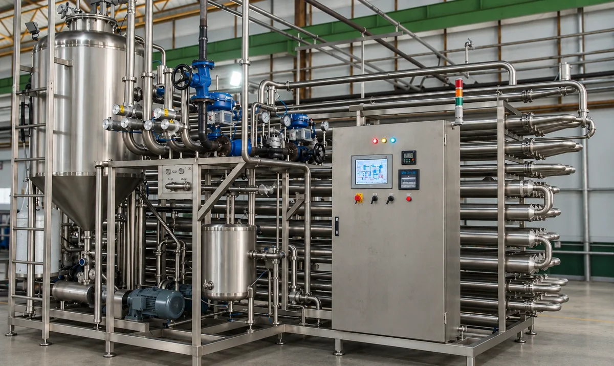 UHT equipment with a vertical vessel, tubular sections, pumps and a control cabinet.