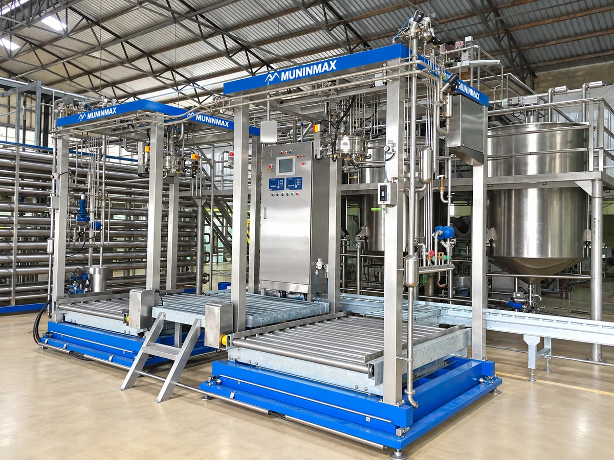 Aseptic filling equipment with filling heads and roller platforms.