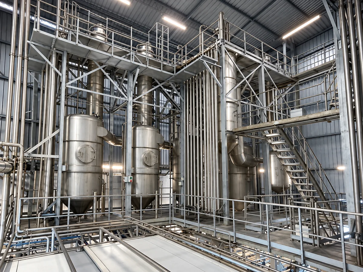 Evaporator with vertical vessels, pipework and access platforms.