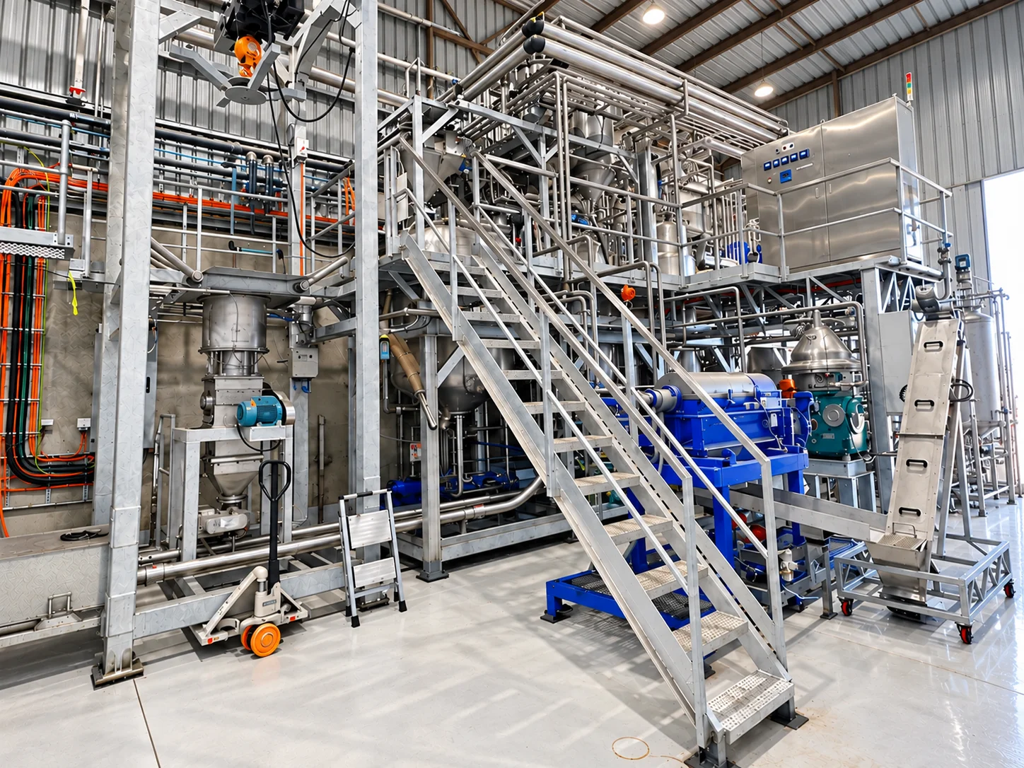Processing equipment with stainless-steel pipework, an access stairway and a control cabinet. Retouched reference image.